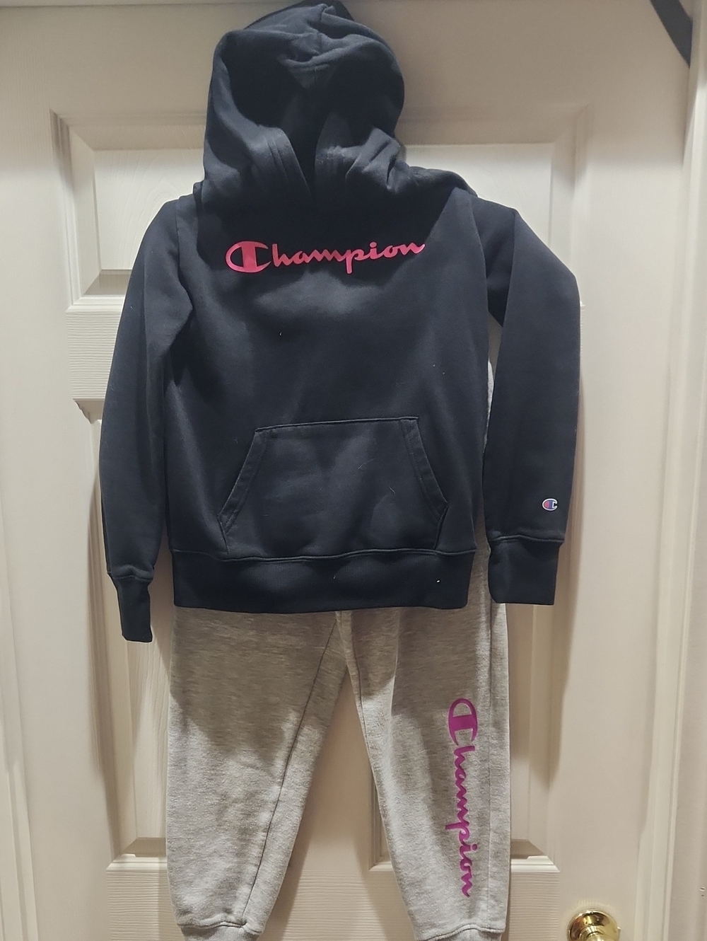 Champion Black Hoodie and Gray Sweatpants with Pink Logo